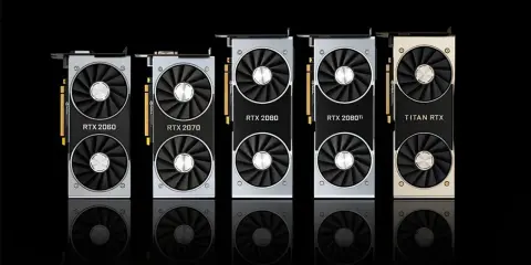 Cinq cartes graphiques NVIDIA RTX 2060, 2070, 2080, 2080 Ti et Titan RTX alignées. Une véritable tier list carte graphique pour les gamers.