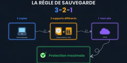 La règle de sauvegarde 3-2-1 : 3 copies sur 2 supports différents (ordinateur, disque externe/NAS) et 1 hors site (Cloud) pour une solution stockage optimale.