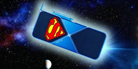 Carte graphique RTX 5080 Super, ornée du symbole de Superman, naviguant dans l'immensité de l'espace étoilé.