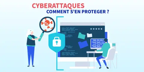 Une personne examine une loupe sur un crâne et des virus, symbolisant une cyberattaque. Un bouclier avec un cadenas et un ordinateur montrent la protection.