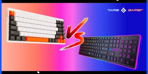 Comparaison de deux types de clavier : un mécanique blanc et orange, et un à membrane noir avec éclairage RGB.