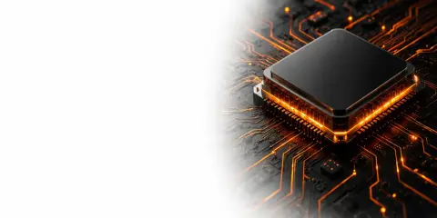 Un processeur noir sur une carte mère aux circuits lumineux orange. La vitesse de ces circuits, mesurée en GHz, détermine la puissance de calcul.