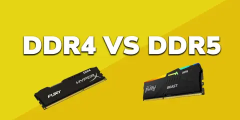 Comparaison DDR4 vs DDR5. Deux barrettes de RAM, une DDR4 HyperX FURY et une DDR5 Kingston FURY Beast, sur fond jaune. La fréquence RAM est un facteur clé.