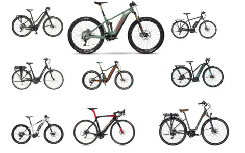 Collection de vélos électriques, du VTT au vélo de ville, chacun avec un poids différent pour s'adapter à vos besoins.