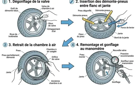 Instructions pour dégongfler, démonter, remonter et gonfler un pneu de trottinette avec un manomètre.