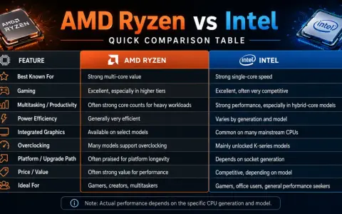 Tableau comparatif AMD Ryzen vs Intel. Le Ryzen excelle en multi-cœurs, l'Intel en mono-cœur. Un équivalent AMD Ryzen pour Intel est souvent recherché pour le gaming et la productivité.