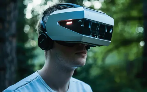 Un homme porte un casque de réalité virtuelle futuriste, peut-être un prototype de meta quest 4, dans un décor naturel verdoyant.