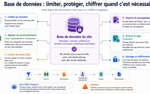 Schéma expliquant la sécurisation d'une base de données : limiter, séparer, restreindre, sauvegarder, purger, documenter. Le **serveur de sauvegarde** est un élément clé.