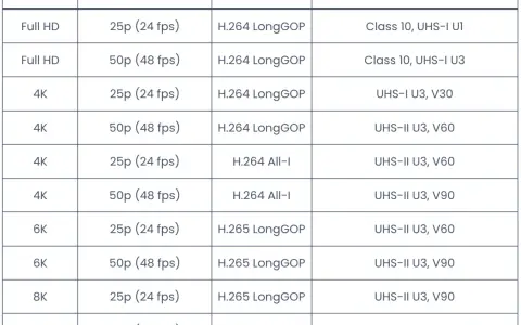 Tableau comparatif des résolutions vidéo, codecs et classes de vitesse recommandées pour une carte SD.