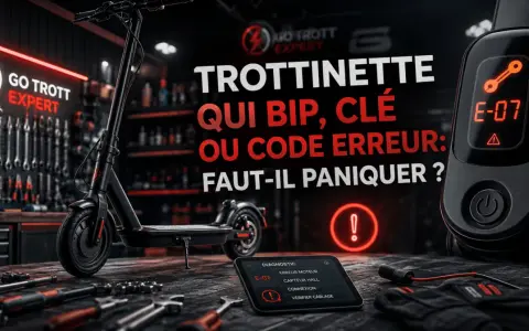 Une trottinette électrique en atelier, affichant le code erreur E-07 sur son écran. Un diagnostic est visible sur une tablette.