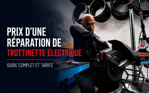 Un technicien répare une trottinette électrique. Le texte indique "Prix d'une réparation de trottinette électrique".
