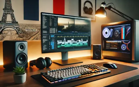 Bureau de montage vidéo ordinateur, avec écran affichant une timeline, tour PC lumineuse, enceintes, casque et clavier gaming.