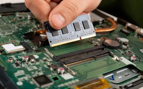 Main d'une personne installant un module de test RAM sur une carte mère d'ordinateur portable.