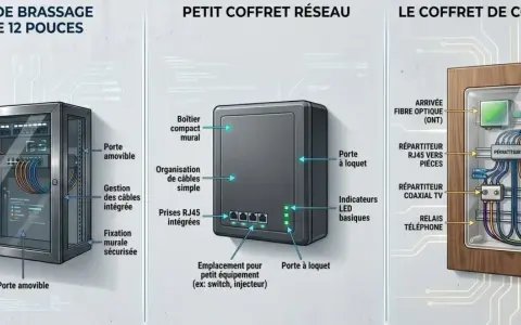 Illustration de trois solutions pour un réseau domestique : baie de brassage murale, petit coffret réseau et coffret de communication. Idéal pour organiser votre nas personnel.