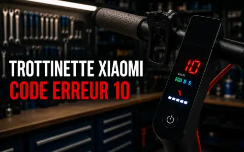 Trottinette Xiaomi avec code erreur E10 affiché sur l'écran. L'atelier de réparation est visible en arrière-plan.