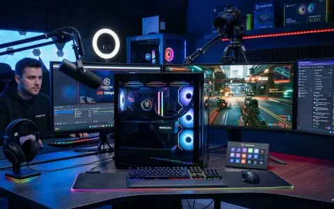 Un setup de streaming avec PC gamer puissant, plusieurs écrans, micro, caméra et Stream Deck. La configuration minimum PC streaming est prête pour l'action.