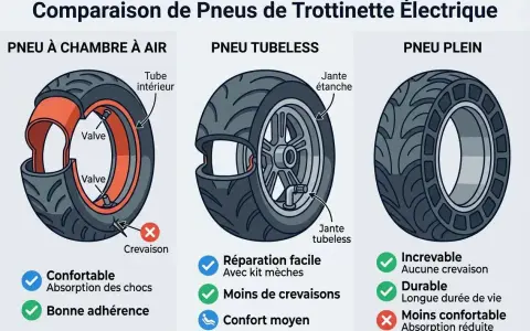 Comparaison de pneus de trottinette : pneu à chambre à air, tubeless et plein. Le pneu plein est increvable, durable, mais moins confortable. Comment monter un pneu plein sur une trottinette électrique ?