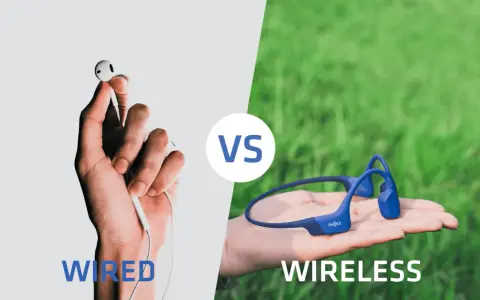 Main gauche : écouteur blanc filaire tenu par une main. Droite : casque bleu sans fil sur une main, sur fond d'herbe.