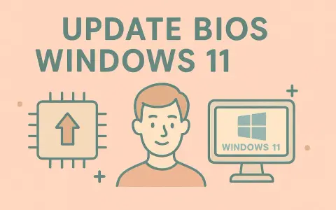 Illustration pour la mise à jour BIOS Windows 11 : un processeur avec une flèche montante, un homme souriant et un écran d'ordinateur affichant le logo Windows 11.