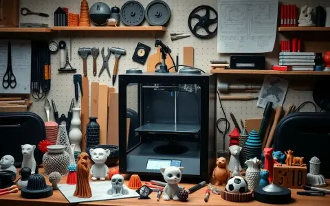 Un atelier rempli d'outils et d'objets imprimés en 3D, avec une imprimante au centre. Idéal pour savoir comment choisir une imprimante 3d.