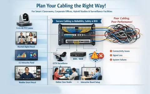 Schéma illustrant une installation de caméra ethernet et d'autres appareils connectés à un rack réseau, contrastant un câblage organisé avec un enchevêtrement chaotique.