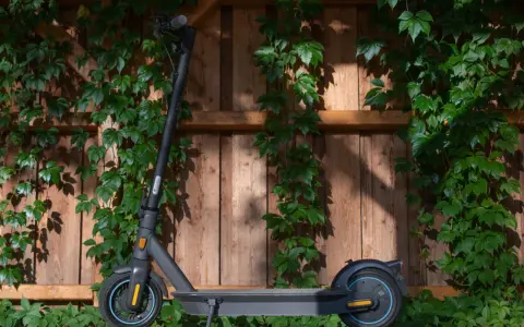 Trottinette électrique noire, prête à l'aventure, avec une puissance impressionnante, posée devant un mur de bois couvert de végétation.
