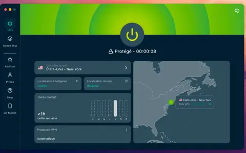 Interface VPN avec un bouton d'alimentation central, indiquant la connexion à New York. Le "kill switch" est activé, protégeant votre connexion.