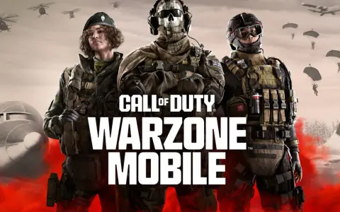 Trois soldats se tiennent prêts pour l'action dans Warzone Mobile. Des hélicoptères et des parachutistes survolent un paysage désertique.