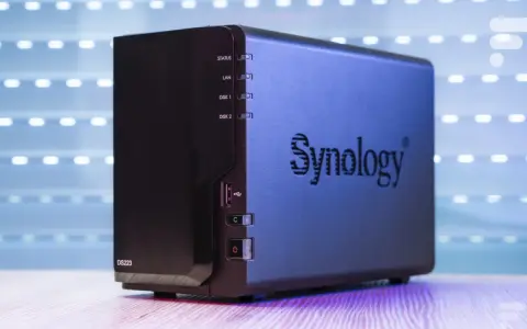 NAS Synology DS223 noir avec indicateurs lumineux et logo Synology.