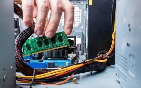 Main d'un homme insérant une barrette de RAM verte dans un emplacement de carte mère. Guide pour comment installer RAM.