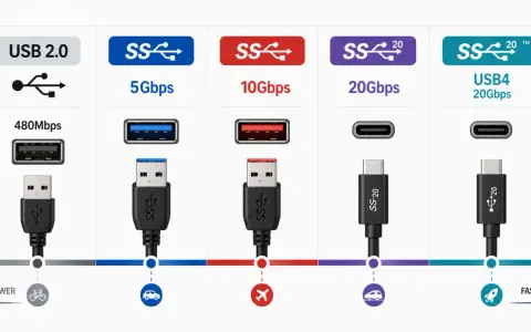 Comparaison des normes USB : USB 2.0 (480 Mbps), USB 3.0 (5 Gbps), USB 3.1 (10 Gbps), USB 3.2 (20 Gbps) et USB4 (20 Gbps). Le port USB Type A est visible pour les premières normes.