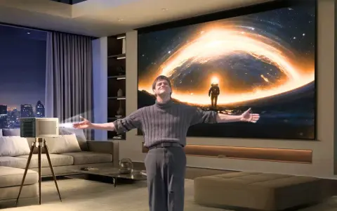 Un homme s'émerveille devant un vidéoprojecteur projetant une scène spatiale. Un guide pour comment choisir un vidéoprojecteur.