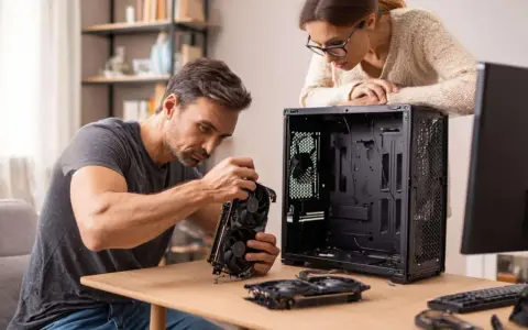 Un homme et une femme assemblent un PC. Il tient une carte graphique, un élément clé pour savoir comment choisir sa carte graphique.