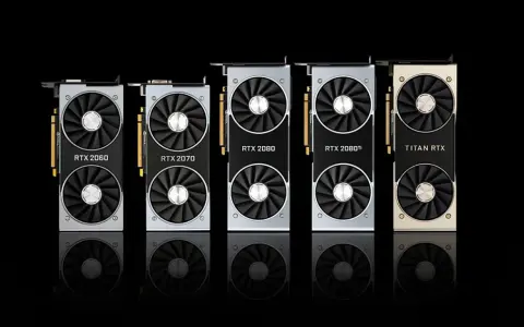 Cinq cartes graphiques NVIDIA RTX 2060, 2070, 2080, 2080 Ti et Titan RTX alignées. Une véritable tier list carte graphique pour les gamers.