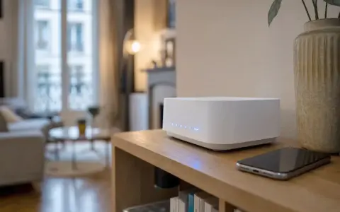 Routeur blanc moderne avec lumières bleues, offrant une connexion wifi ac stable pour un intérieur cosy. Un smartphone est posé à côté.