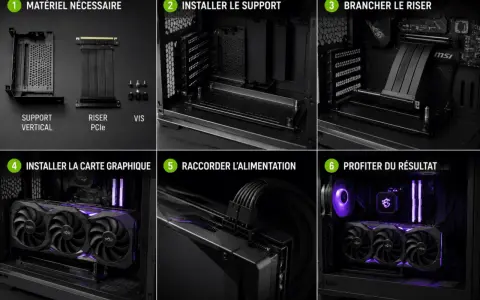 Guide d'installation pour une prise carte graphique verticale. Étapes : matériel, support, riser, carte graphique, alimentation, résultat final.