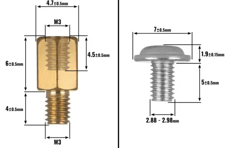 Vis et entretoise M3 pour carte mère, avec dimensions précises pour un montage parfait.