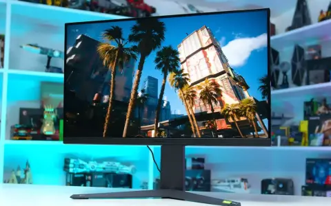 Un écran PC affiche une scène de jeu futuriste avec des palmiers et des gratte-ciel. Le choix de quel écran PC choisir dépend de vos besoins.