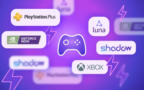 Icônes de services de jeu en nuage : PlayStation Plus, GeForce Now, Luna, Shadow, et Xbox. Le jeu en nuage, comme avec Xbox, révolutionne le gaming.