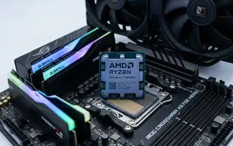 Un processeur AMD Ryzen 7 9850X3D est posé sur une carte mère ROG Crosshair X670E Hero, entouré de barrettes de RAM G.Skill Trident Z5 RGB et d'un ventirad Noctua.