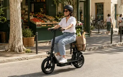 Une femme souriante fait une course de trottinette électrique, son panier rempli de courses.