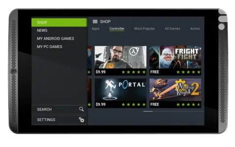 L'écran du Nvidia Shield Tablet affiche le magasin de jeux avec des titres comme Half-Life et Portal.