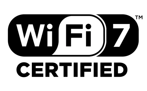 Logo Wi-Fi 7 blanc sur fond noir, annonçant la nouvelle norme wifi.