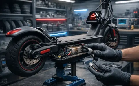 Réparation d'une trottinette électrique qui s'arrête en roulant. Mains gantées connectant des fils dans le compartiment moteur.