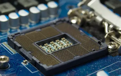 La carte mère bleue avec son socket vide, prêt à accueillir le processeur. Un aperçu pour mieux connaitre son processeur.