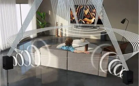 Un salon moderne avec une personne sur un canapé, entouré d'ondes sonores émanant de haut-parleurs, suggérant une expérience immersive avec une prise optique TV.
