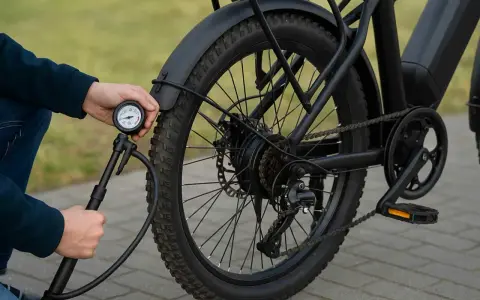 Maintenir la pression pneu vélo électrique optimale pour une meilleure autonomie et un confort de conduite. Un manomètre est utilisé pour vérifier le gonflage.