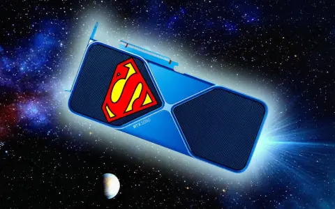 Carte graphique RTX 5080 Super, ornée du symbole de Superman, naviguant dans l'immensité de l'espace étoilé.