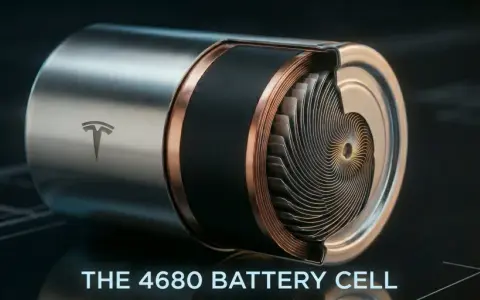 Coupe transversale d'une nouvelle batterie Tesla 4680, révélant sa structure interne enroulée.