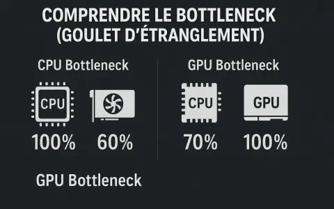 Comprendre le bottleneck : CPU à 100% et GPU à 60% (CPU bottleneck) ou CPU à 70% et GPU à 100% (GPU bottleneck). Illustration de la compatibilité processeur carte graphique.